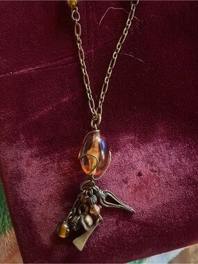 Vintage Amber and Gold Bead Necklace with Dangle Pendant